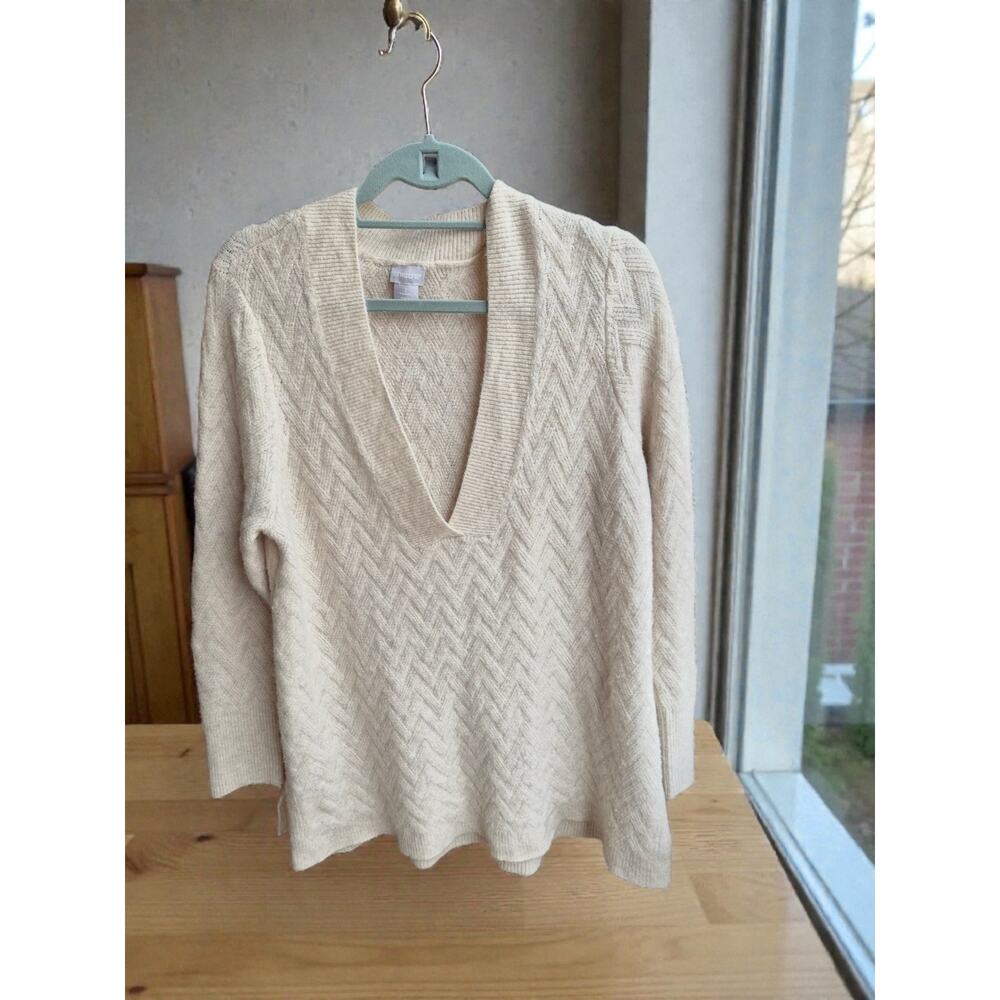 Chico's Oatmeal Beige Drama Cable Pullover Sweater size 2 (L) Deep V Neck